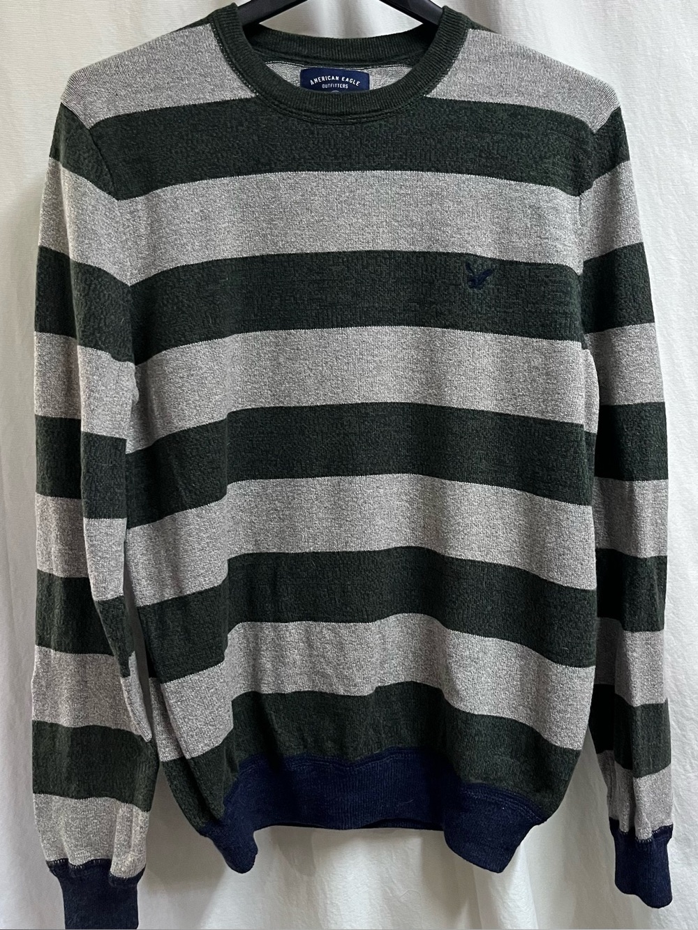 AE American Eagle Green Gray Crew Neck Striped Long Sleeve Cotton Sweater Size L